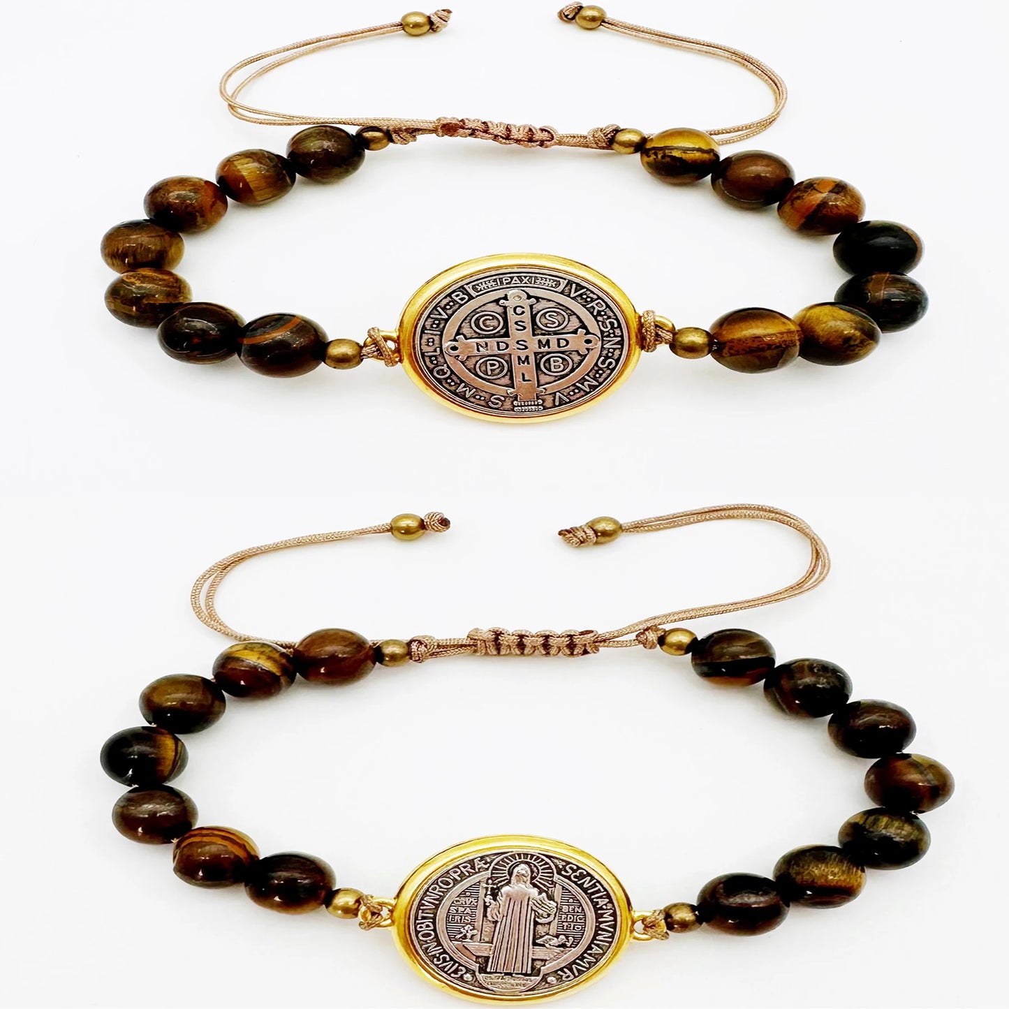 2Pcs San Benito Bracelets Tigher Eye Adjustable Bracelet for Women Men Girls Boys the Saint Benedict Medal Pendant