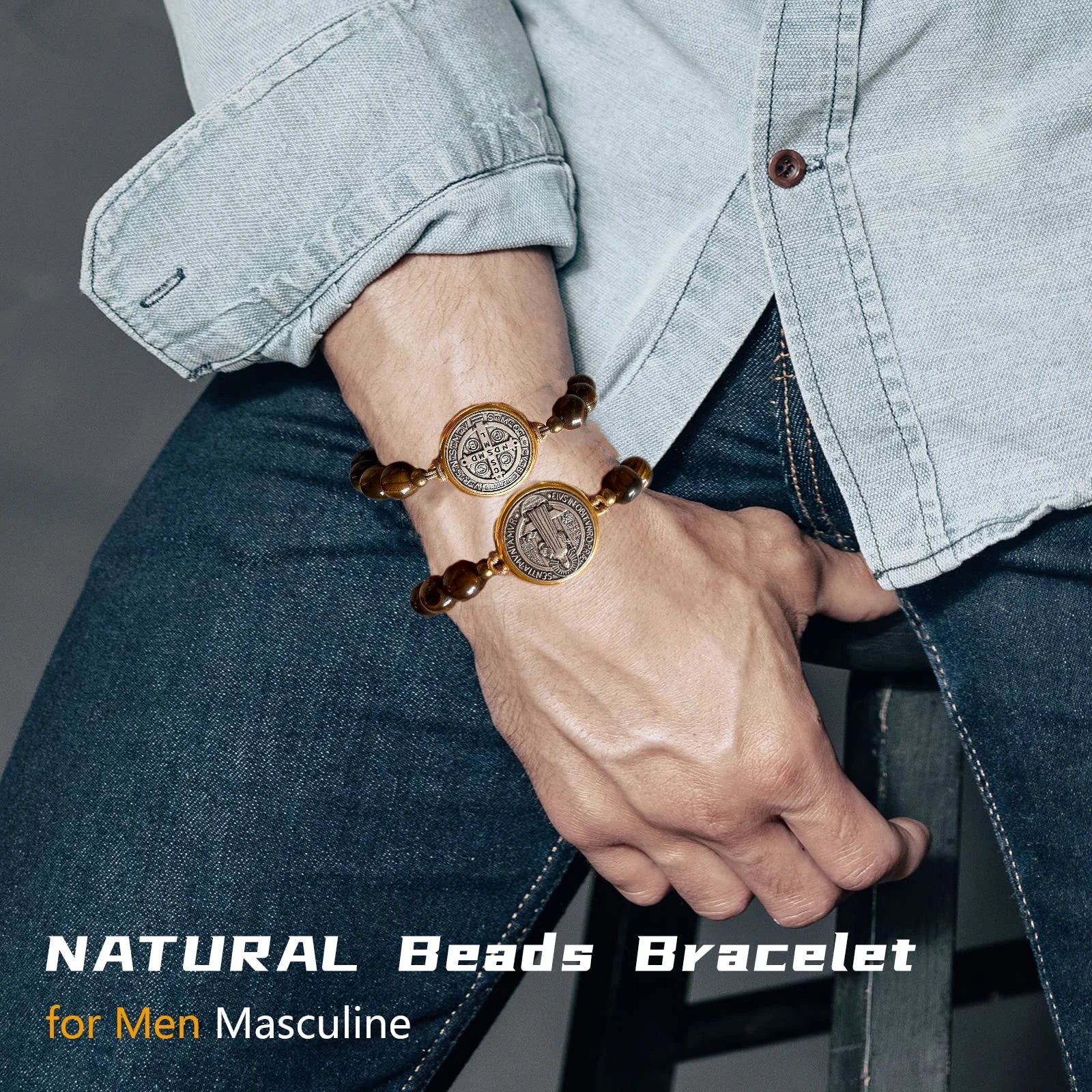 2Pcs San Benito Bracelets Tigher Eye Adjustable Bracelet for Women Men Girls Boys the Saint Benedict Medal Pendant