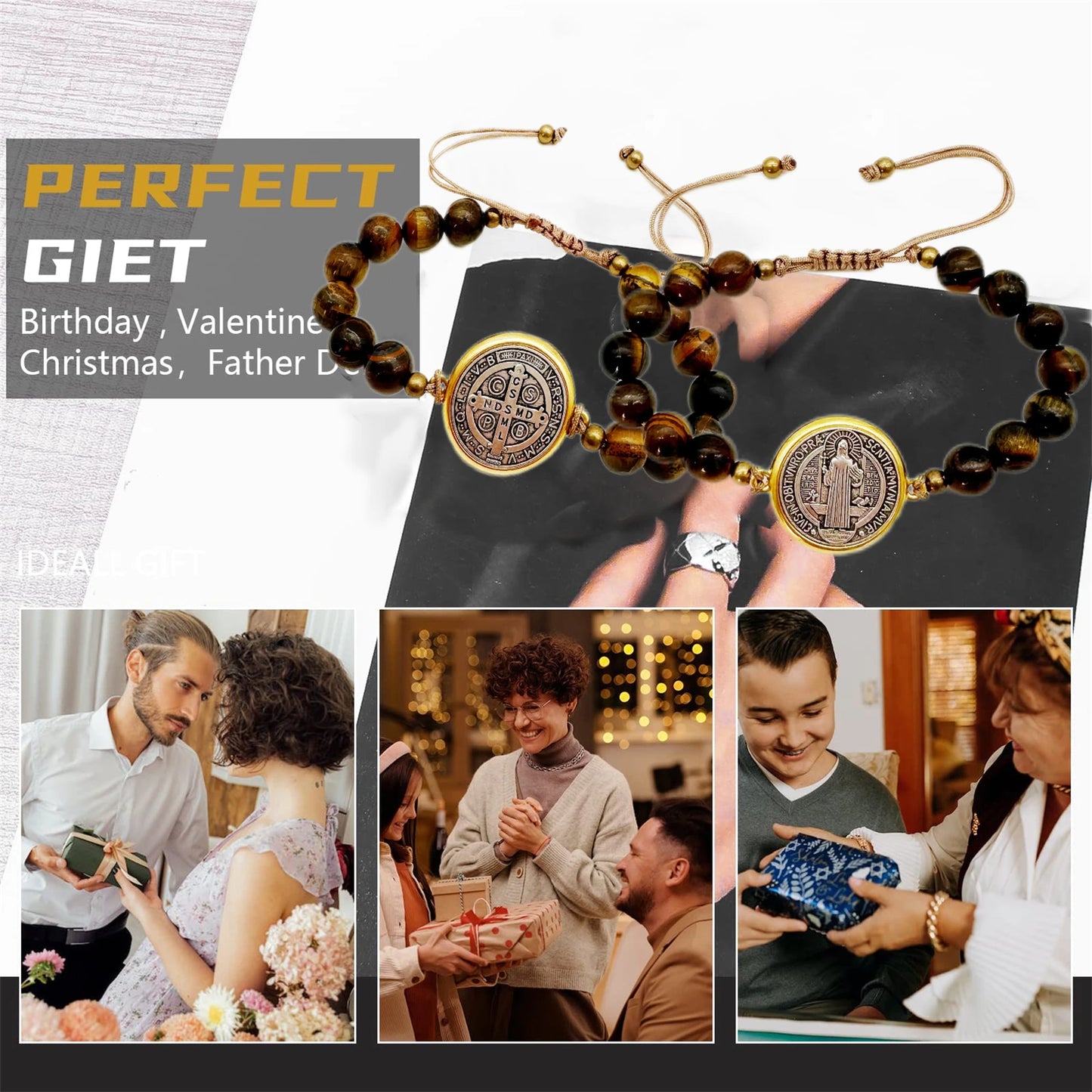 2Pcs San Benito Bracelets Tigher Eye Adjustable Bracelet for Women Men Girls Boys the Saint Benedict Medal Pendant